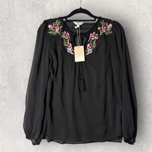 New Anthology Embroidered Blouse Women 6 Black Long Sleeve Tassel Black Boho Top